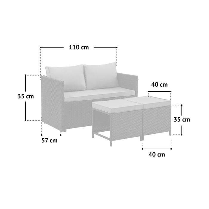 Maße eines Garten-Sofas mit zwei Kissen und zweier Hocker, Sofa 102 cm breit, 57 cm tief, 35 cm Sitzhöhe, Hocker 40x40 cm, 35 cm hoch