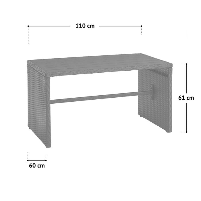 Grauer rechteckiger Tisch mit Maßen 110 cm Länge, 60 cm Breite und 61 cm Höhe