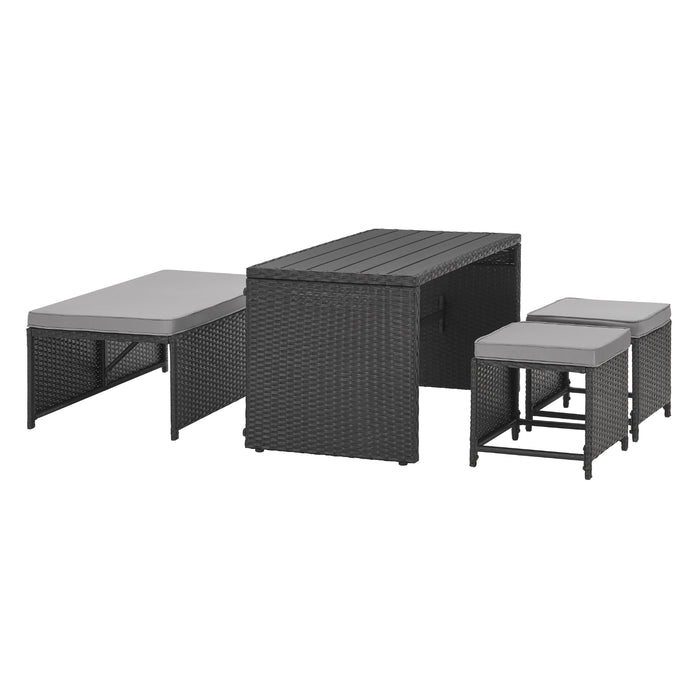 schwarzes Gartenmöbel-Set aus Rattan mit ausziehbarem Tisch und gepolsterten Sitzbänken