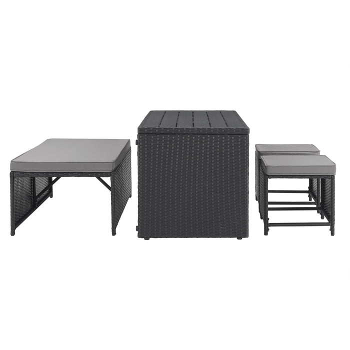 Schwarzes Gartenmöbel-Set aus Rattan mit ausziehbarem Tisch und gepolsterten Sitzbänken Seitenansicht