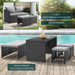 2-in-1 schwarzes Rattan-Gartensofa mit zwei Hockern oder Essgruppe mit Tisch, verschiedene Stellmöglichkeiten am Pool auf Holzterrasse