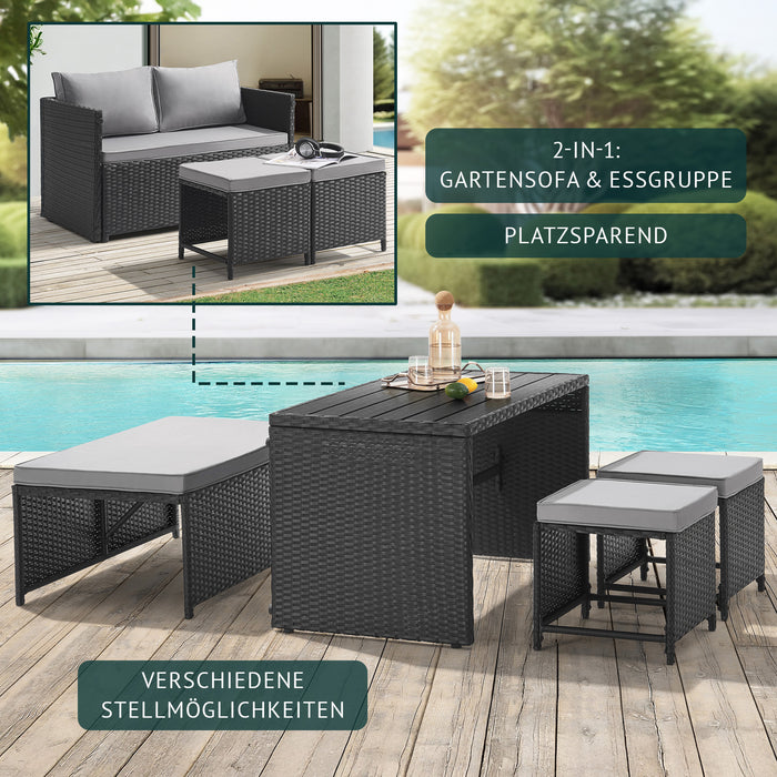 2-in-1 schwarzes Rattan-Gartensofa mit zwei Hockern oder Essgruppe mit Tisch, verschiedene Stellmöglichkeiten am Pool auf Holzterrasse