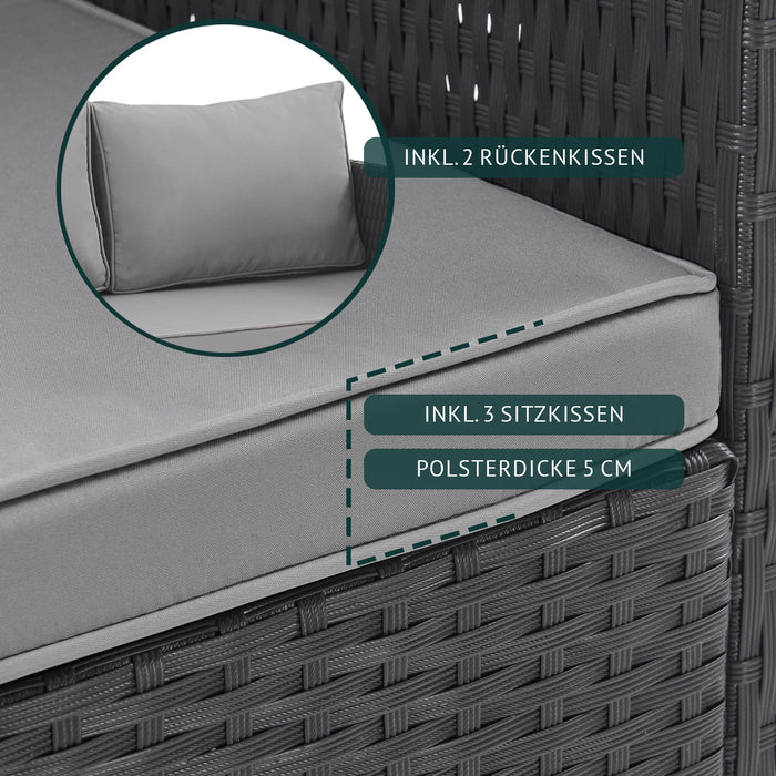 Graues Sitzkissen mit 5 cm Polsterdicke auf schwarzen Geflechtstuhl, inklusive 2 Rückenkissen und 3 Sitzkissen