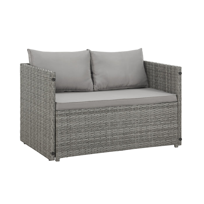 Zweisitziges Garten-Sofa aus grauem Rattan mit grauen Sitz- und Rückenkissen