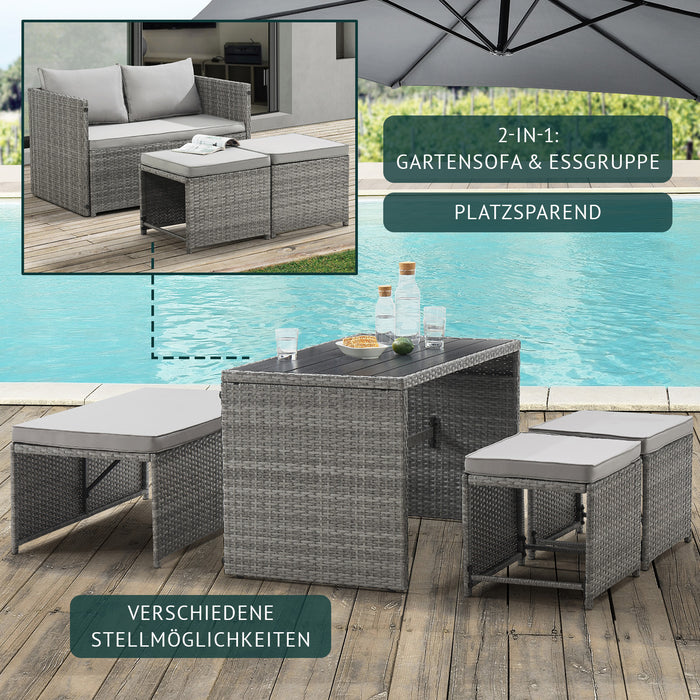 2-in-1 Graues Rattan-Gartensofa mit zwei Hockern oder Essgruppe mit Tisch, verschiedene Stellmöglichkeiten am Pool auf Holzterrasse