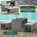 2-in-1 Graues Rattan-Gartensofa mit zwei Hockern oder Essgruppe mit Tisch, verschiedene Stellmöglichkeiten am Pool auf Holzterrasse