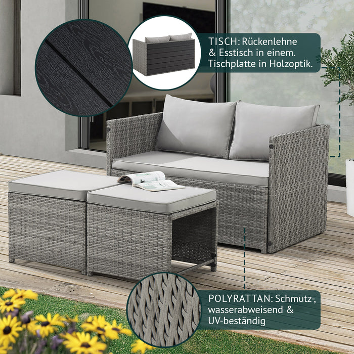 Gartenlounge-Set aus grauem Polyrattan mit zwei Hockern, die als Tisch mit Holzoptik-Tischplatte genutzt werden können, wasserabweisend und UV-beständig.