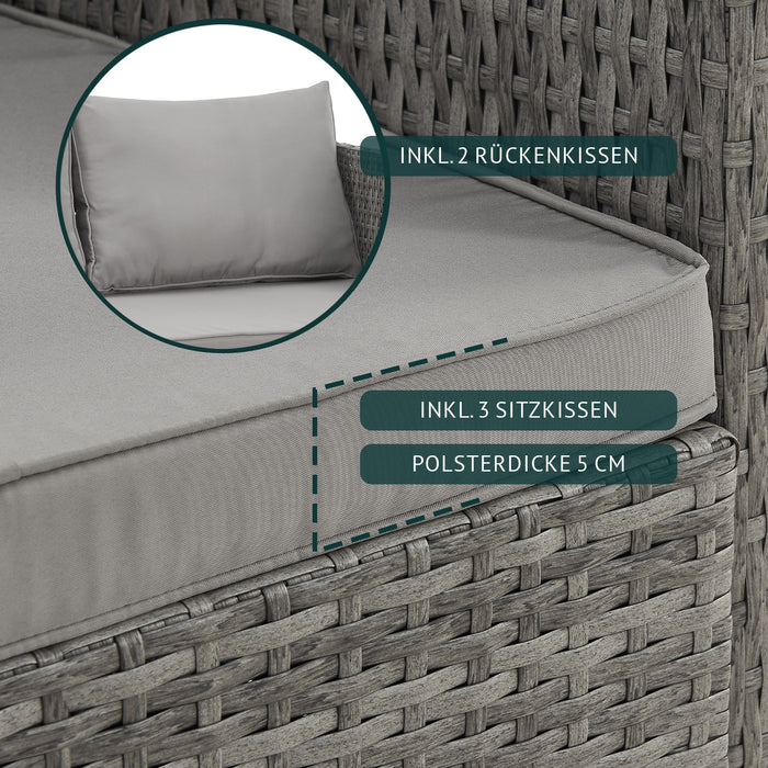 Graues Sitzkissen mit 5 cm Polsterdicke auf grauem Geflechtstuhl, inklusive 2 Rückenkissen und 3 Sitzkissen
