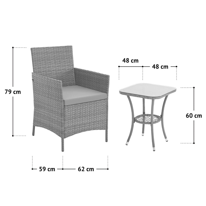 Maße Bistro Sitzgruppe: Sessel: 62x59 cm, Höhe 79 cm; Bistrotisch: 48x48 cm, Höhe 60 cm