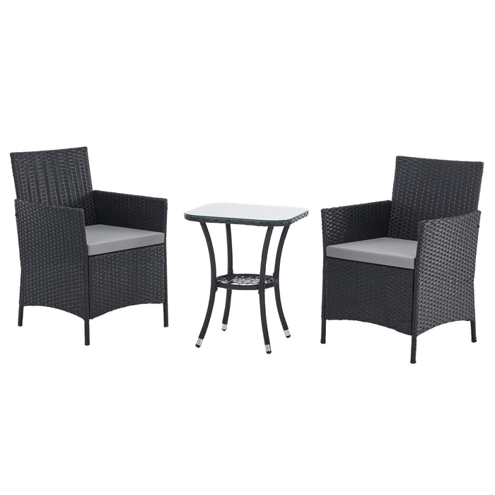 Schwarze Polyrattan Bistro Sitzgruppe mit zwei Sesseln mit Polster und Beistelltisch