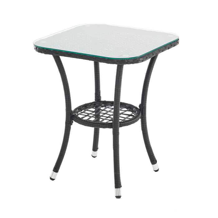 Schwarzer Rattan Beistelltisch mit Glasplatte und kleiner Ablage