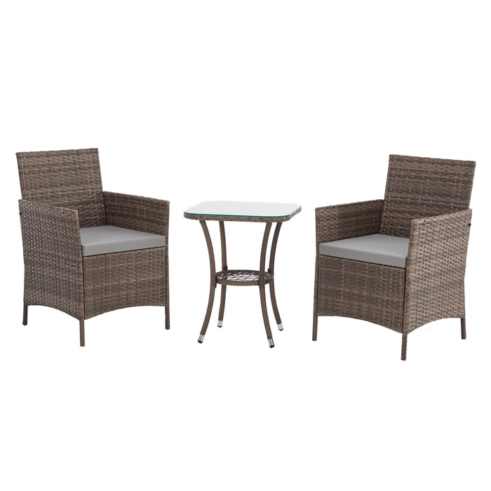 Braune Polyrattan Bistro Sitzgruppe mit zwei Sesseln mit Polster und Beistelltisch