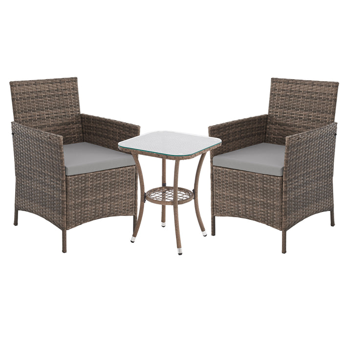 Braune Polyrattan Bistro Sitzgruppe mit zwei Sesseln und Beistelltisch