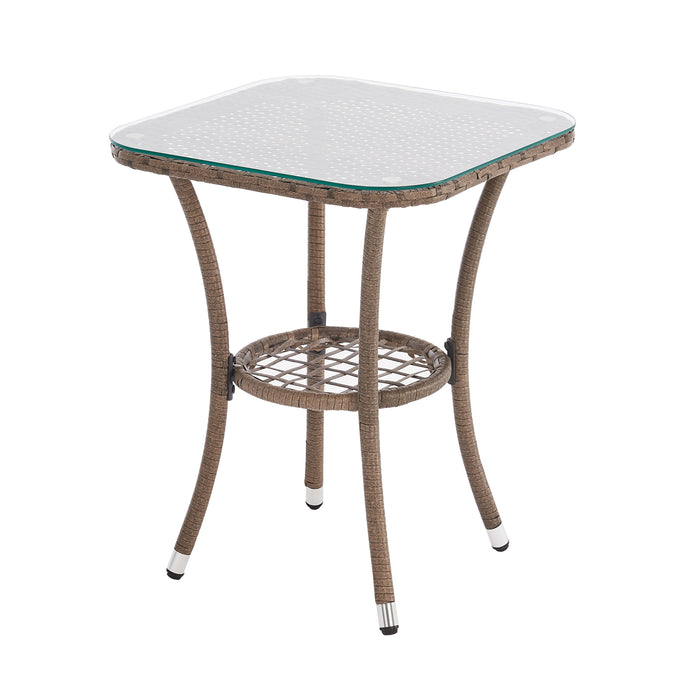 Brauner Rattan Beistelltisch mit Glasplatte und kleiner Ablage