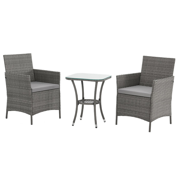Graue Polyrattan Bistro Sitzgruppe mit zwei Sesseln mit Polster und Beistelltisch