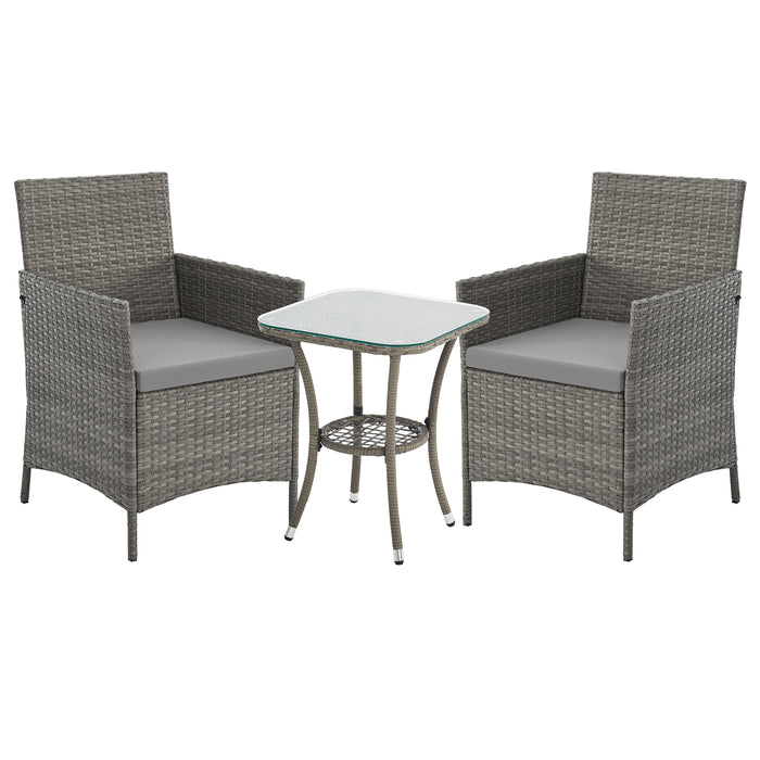 Graue Polyrattan Bistro Sitzgruppe mit zwei Sesseln und Beistelltisch