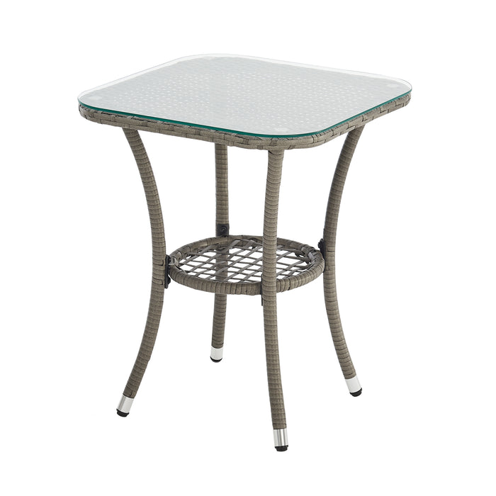 Grauer Rattan Beistelltisch mit Glasplatte und kleiner Ablage