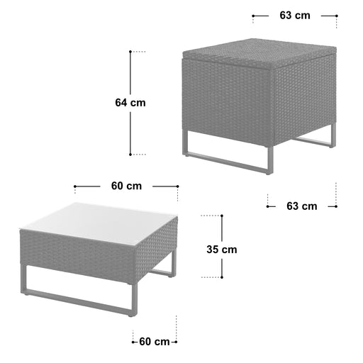 Maße der Kissenbox: 63x63 cm, Höhe 64 cm; Tisch: 60x60 cm, Höhe 35 cm