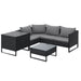 Schwarze Polyrattan Gartenlounge Stellmöglichkeit Ecksofa mit Kissenbox daneben und Tisch