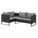 Schwarze Polyrattan Gartenlounge Stellmöglichkeit Ecksofa mit Kissenbox daneben