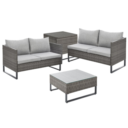 Graue Polyrattan Gartenlounge mit einzelnen Elementen bestehend aus zwei Bänken, einer Kissenbox und einem Tisch