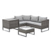 Graue Polyrattan Gartenlounge Stellmöglichkeit Ecksofa mit Kissenbox daneben und Tisch
