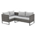 Graue Polyrattan Gartenlounge Stellmöglichkeit Ecksofa mit Kissenbox daneben