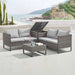 Graue Polyrattan Gartenlounge mit geöffneter Kissenbox auf einer sonnigen Terrasse