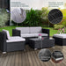 Schwarze Garten-Lounge auf einer Terrasse - Highlights: Kissenbezug mir Reißverschluss waschbar; Polyrattan Schmutz-, Wasserabweißend und UV-beständig; hochwertige Glasplatte und robuste Metallfüße