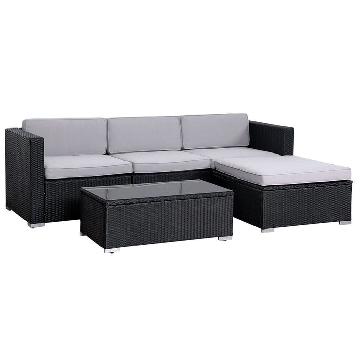 Schwarze Polyrattan Garten-Lounge mit grauen Polstern - großes Sofa mit Recamiere und Tisch mit Glasplatte