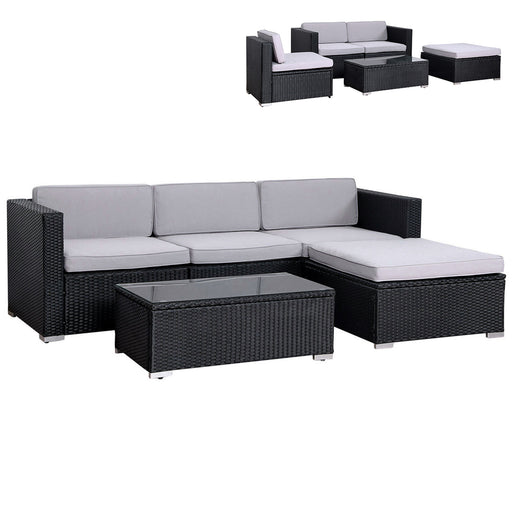 Schwarze Polyrattan Garten-Lounge mit grauen Polstern - verschiedene Stellmöglichkeiten