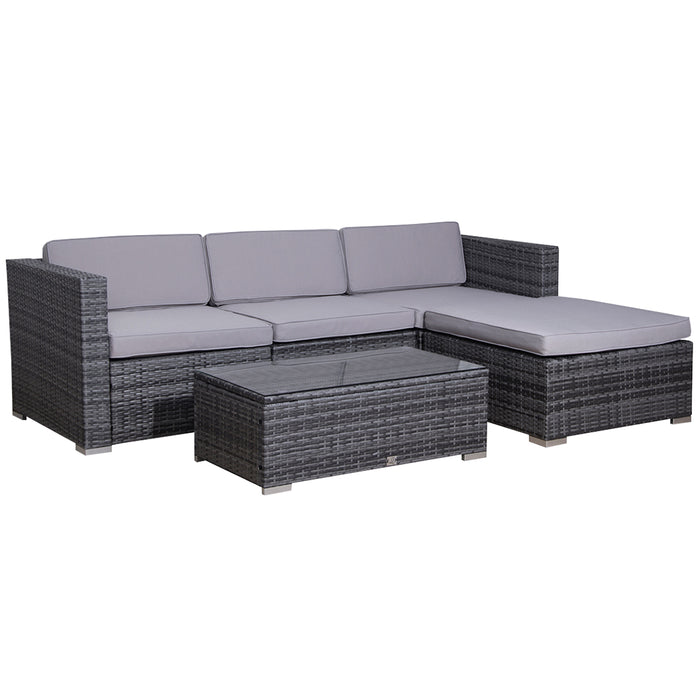 Graue Polyrattan Garten-Lounge mit grauen Polstern - großes Sofa mit Recamiere und Tisch mit Glasplatte