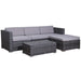 Graue Polyrattan Garten-Lounge mit grauen Polstern - großes Sofa mit Recamiere und Tisch mit Glasplatte