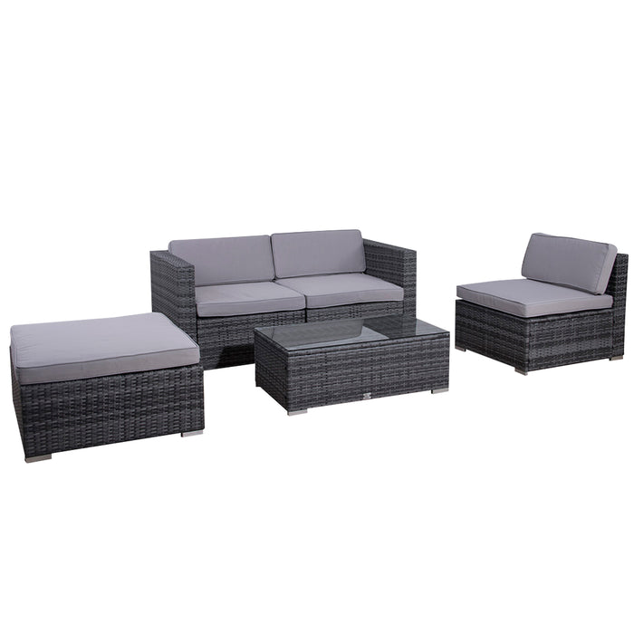 Graue Polyrattan Garten-Lounge mit grauen Polstern - Zweisitzer-Sofa mit Sessel, Hocker und Tisch mit Glasplatte