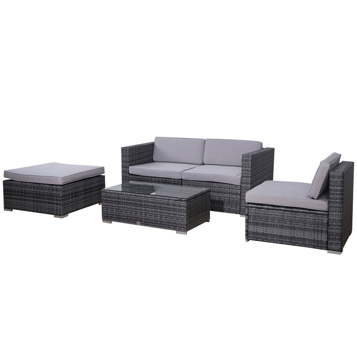 Graue Polyrattan Garten-Lounge mit grauen Polstern - Zweisitzer-Sofa mit Sessel, Hocker und Tisch mit Glasplatte