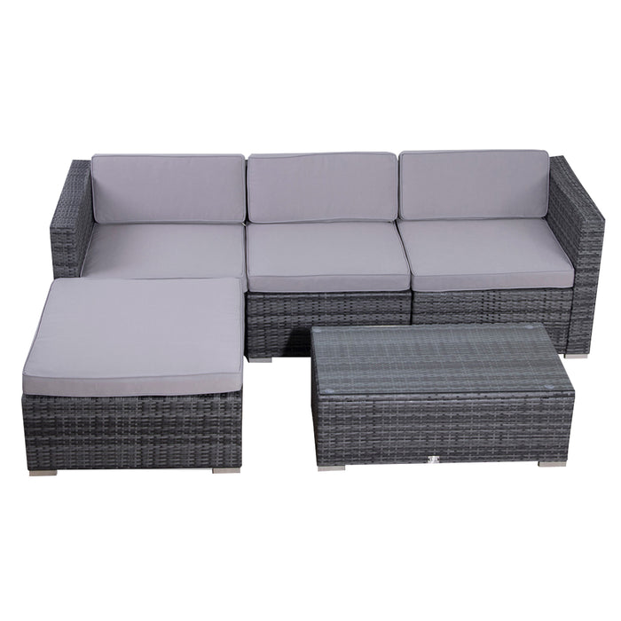 Graue Polyrattan Garten-Lounge mit grauen Polstern Dreisitzer-Sofa mit Recamiere und Tisch mit Glasplatte