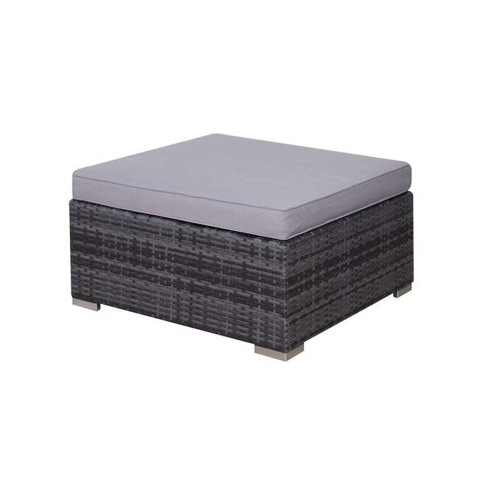 Einzelbild grauer Polyrattan-Hocker mit grauen Polsterkissen