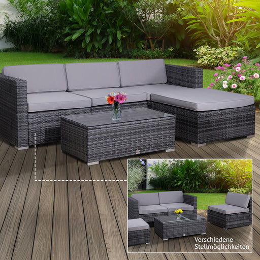Graue Polyrattan Garten-Lounge mit grauen Polstern auf einer sonnigen Terrasse - verschiedene Stellmöglichkeiten