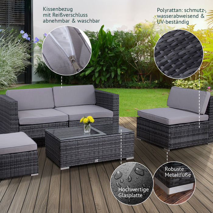Graue Garten-Lounge auf einer Terrasse - Highlights: Kissenbezug mir Reißverschluss waschbar; Polyrattan Schmutz-, Wasserabweißend und UV-beständig; hochwertige Glasplatte und robuste Metallfüße