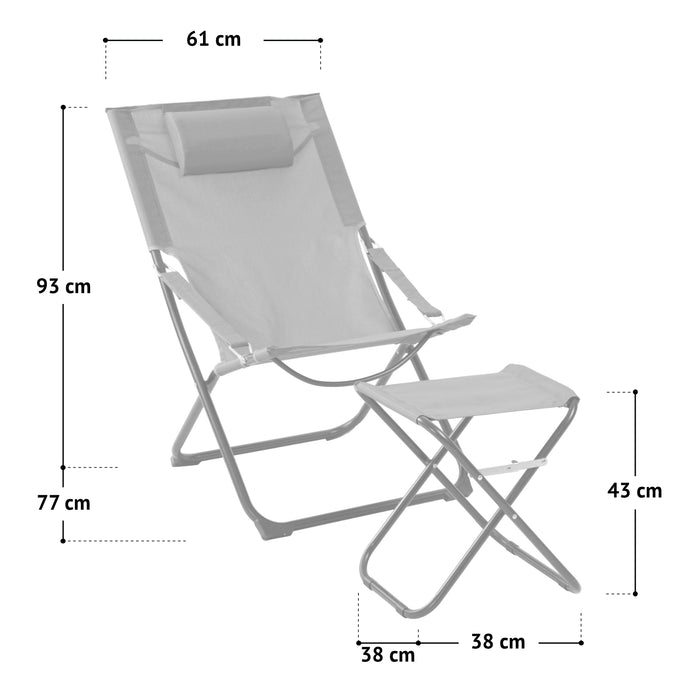 Klappbarer Liegestuhl mit verstellbarer Rückenlehne und passendem Hocker, Maße: 77 x 61 cm; Höhe: 93 cm; Hocker 38 x 38 cm; 43 cm hoch