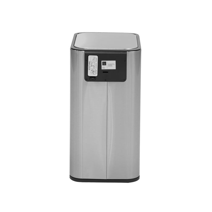 Rückansicht von silbernem Edelstahlmülleimer mit rechteckigem, schwarzen Paneel und Batteriefach