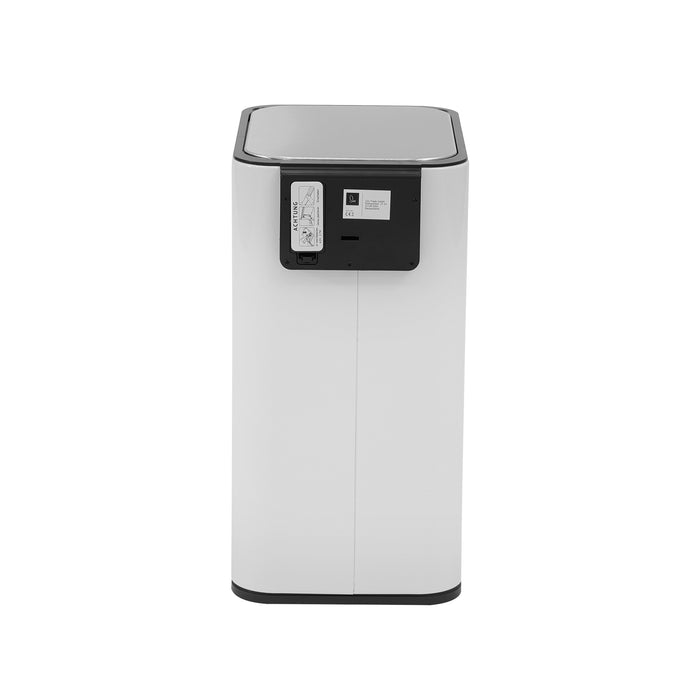 Rückansicht von weißem Metallmülleimer mit rechteckigem, schwarzen Paneel und Batteriefach