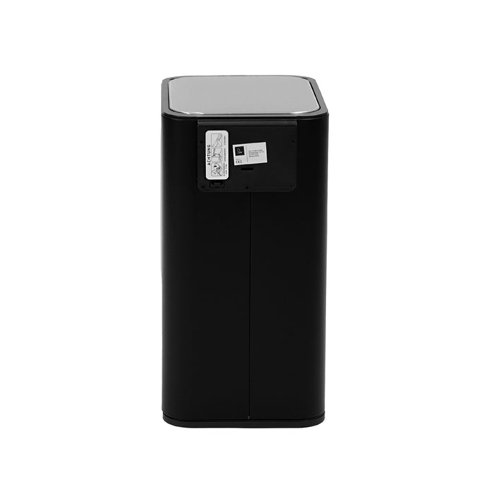Rückansicht von schwarzem Metallmülleimer mit rechteckigem, schwarzen Paneel und Batteriefach
