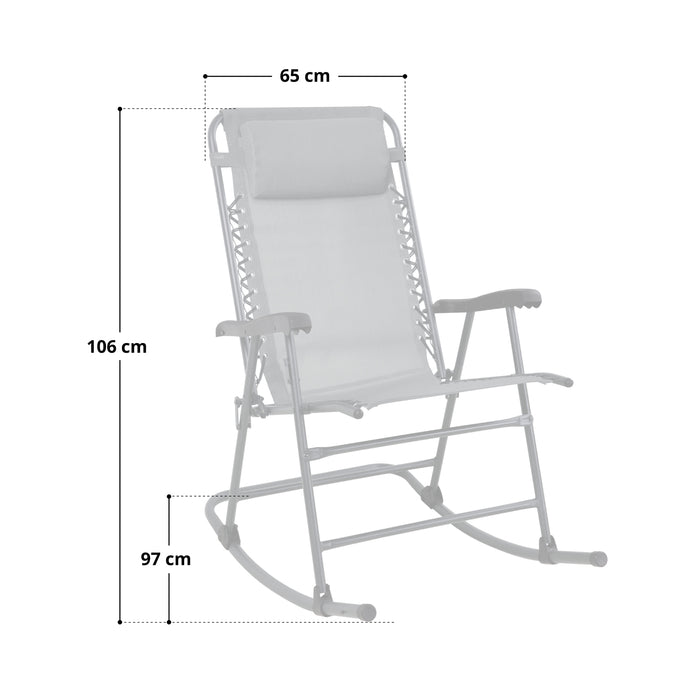 Maße des Schaukelstuhl mit gepolstertem Kopfteil, 65 cm breit, 106 cm hoch, 97 cm tief