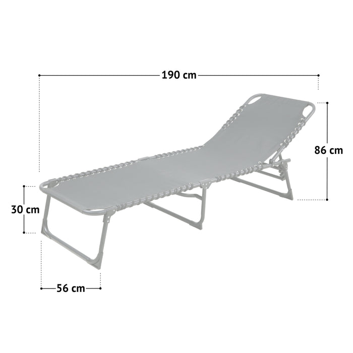 Maße der Sonnenliege: 190x56 cm; Sitzhöhe: 30 cm; Höhe der Rückenlehne: 86 cm