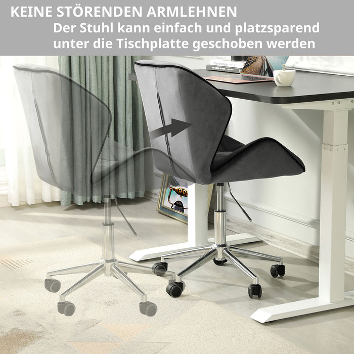 Moderner Bürostuhl ohne Armlehnen, grau, auf Rollen, der platzsparend unter einen Schreibtisch geschoben werden kann