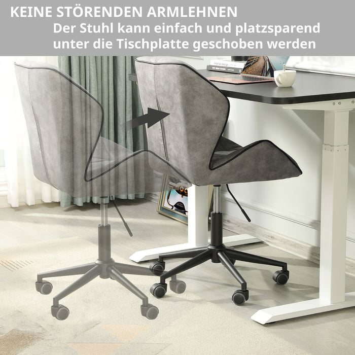 Moderner Bürostuhl ohne Armlehnen, hellgrau, auf Rollen, der platzsparend unter einen Schreibtisch geschoben werden kann
