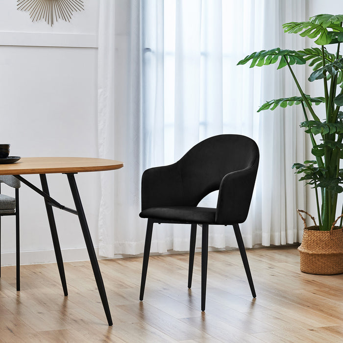 Schwarzer SVITA Hailey Esszimmerstuhl mit modernem Design neben einem Holztisch und einer großen grünen Pflanze in einem hellen Raum