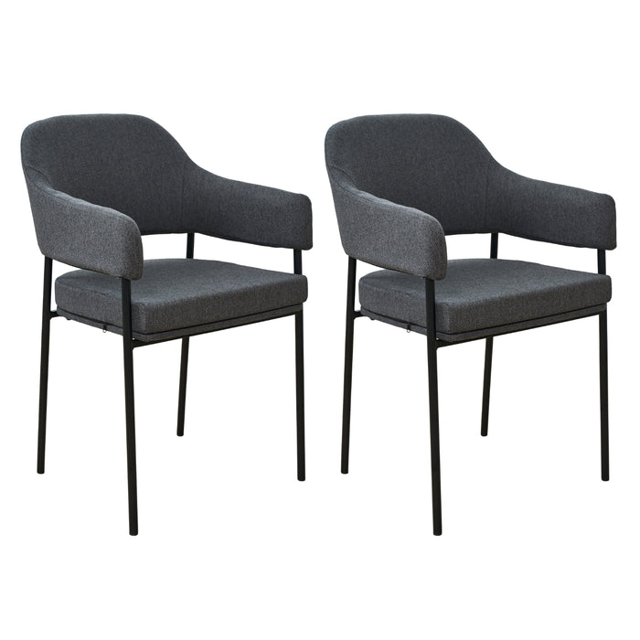 Zwei moderne Stühle mit grauem Stoffbezug, gepolstertem Sitz und Rückenlehne, schwarzem Metallgestell und Armlehnen