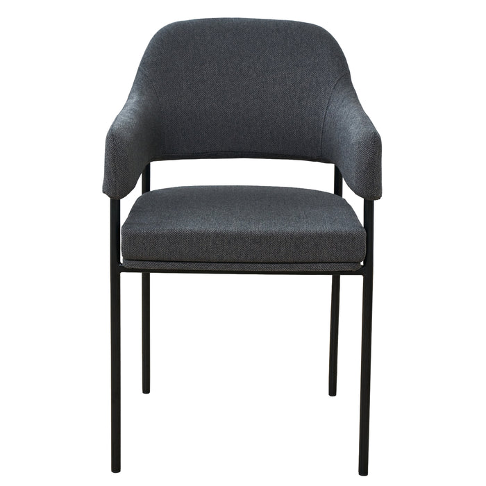 Moderner Stuhl mit grauem Stoffbezug, gepolstertem Sitz und Rückenlehne, schwarzem Metallgestell und Armlehnen Frontalansicht